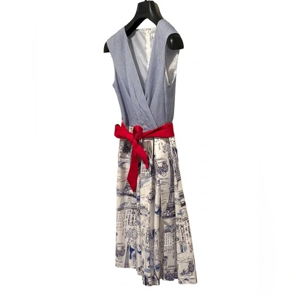 Chetta B EUC Size 6 Blue & White Paris Themed Sleeveless Retro Mini Dress (0676) - Picture 2 of 13